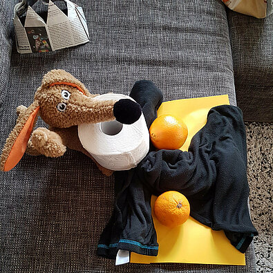 Schnuffi-Maskottchen neben Klopapierrolle, zwei Orangen und schwarzem Stoff auf orangefarbener Pappe, die das Kolping-K darstellen sollen